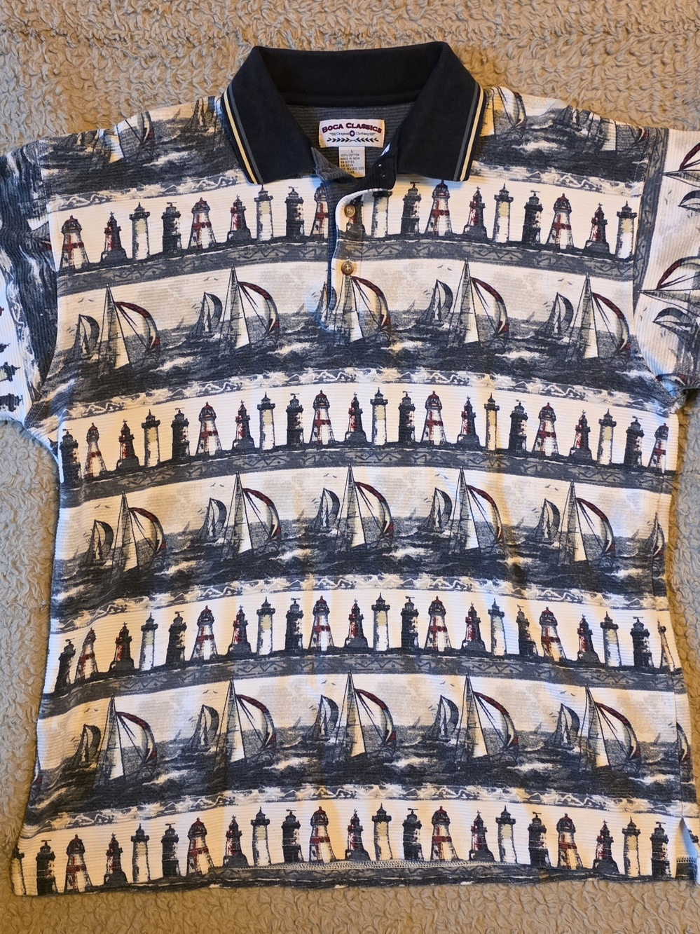 Boca Classics Nautical Polo Shirt Sailboats Lighthouse Print Men’s Size L